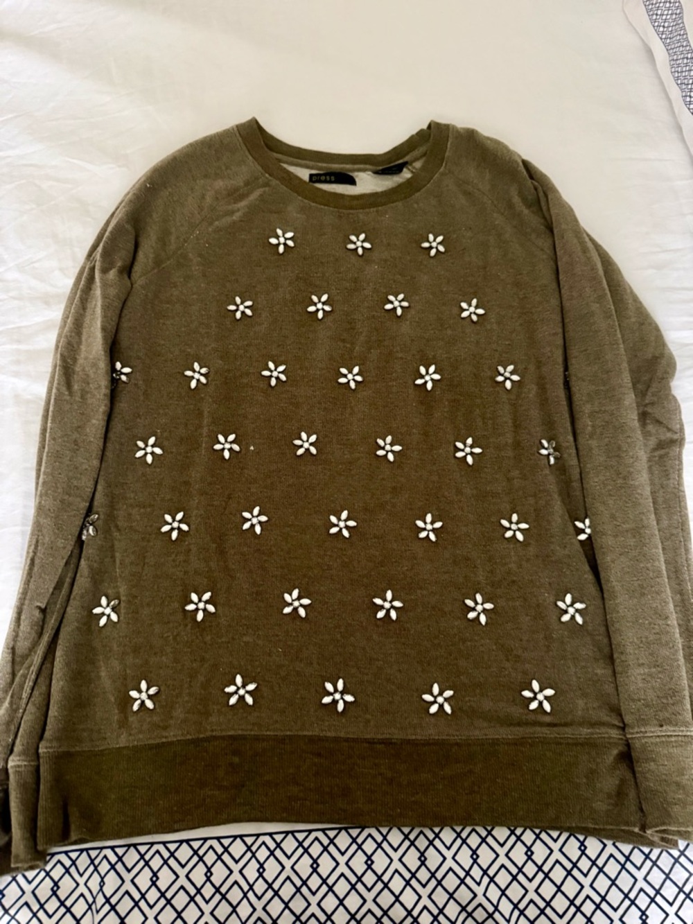 J. Crew Olive Green Crewneck Sweater with White Daisy Appliqués